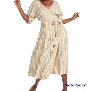 NEW Old Navy Women's Cream White Striped Midi Wrap Dress with Puffed Sleeves